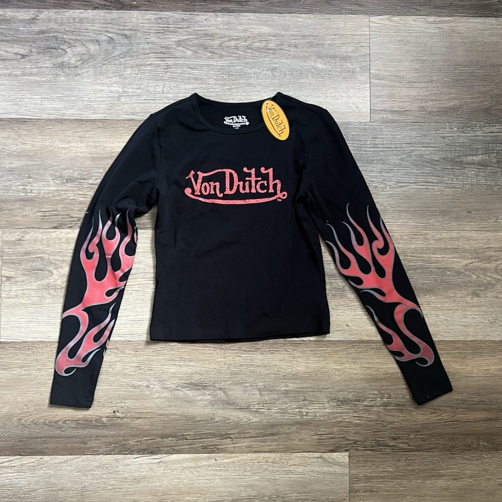 Von Dutch Flame Long Sleeve Crop Top Womens Large Black Pink Y2K NWT